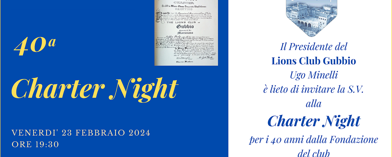 Il Lions Club GUBBIO festeggerà QUARANTA anni (Charter Night) dalla sua Fondazione il 23 febbraio 2024 alle ore 19:30 presso l'Hotel Villa Montegranelli